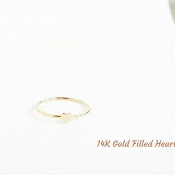 14K Gold Filled Heart Ring & Minimalist Stacking Rings, Set of 2 Dainty Rings - Picture 3 of 4